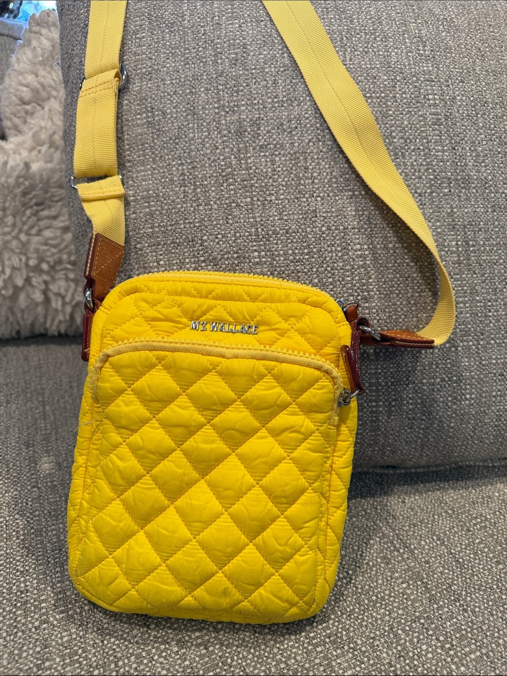 MZ Wallace Quilted Yellow Crossbody Shoulder Bag with Brown Trim